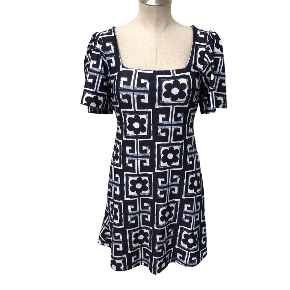 Smith & Quinn Mini Dress Womens XS Navy White Geometric Floral Puff Sleeve